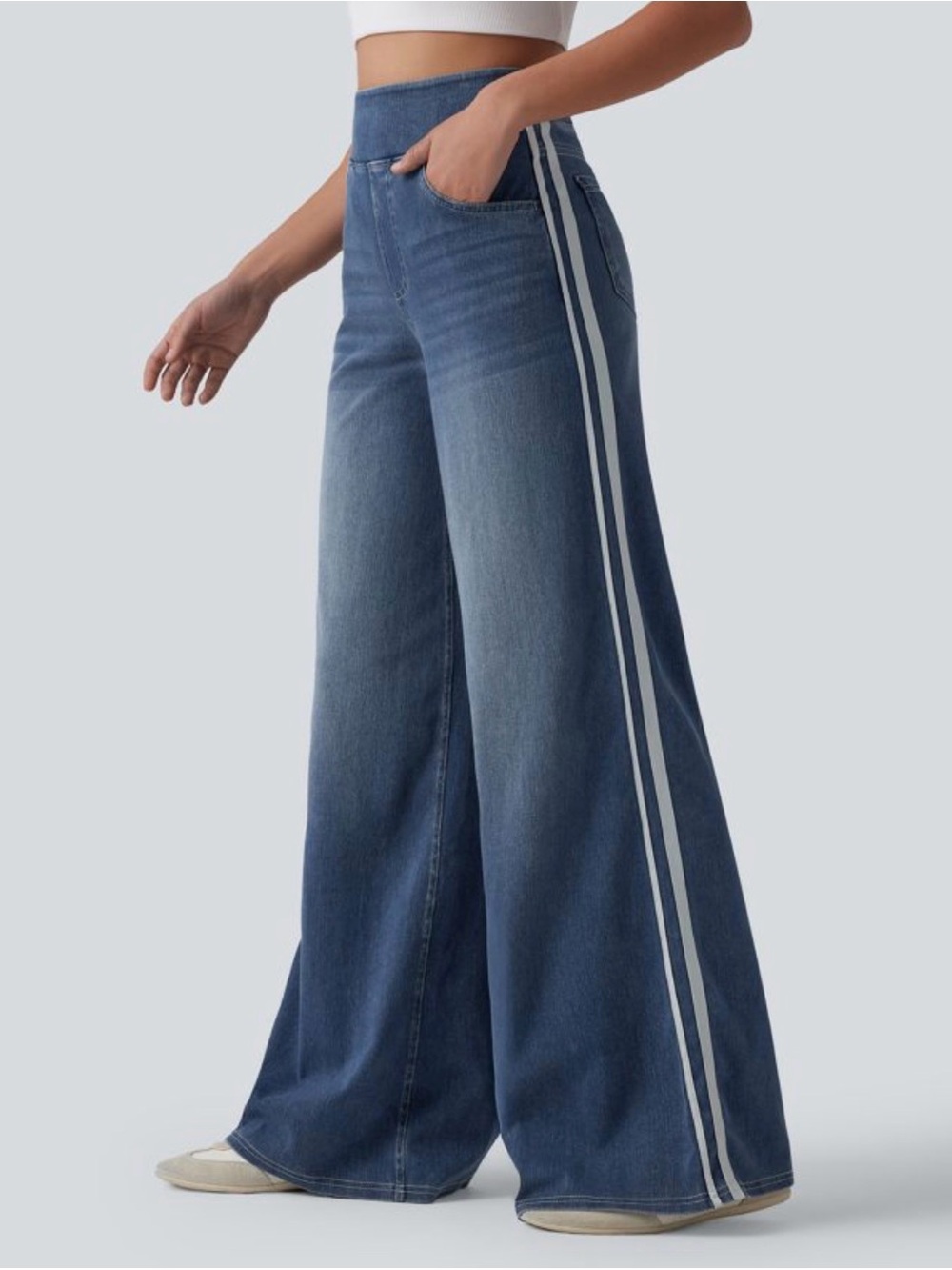 Halara Flex™ High Waisted Stripe Wide Leg Flowy Washed Casual Jeans with Pockets